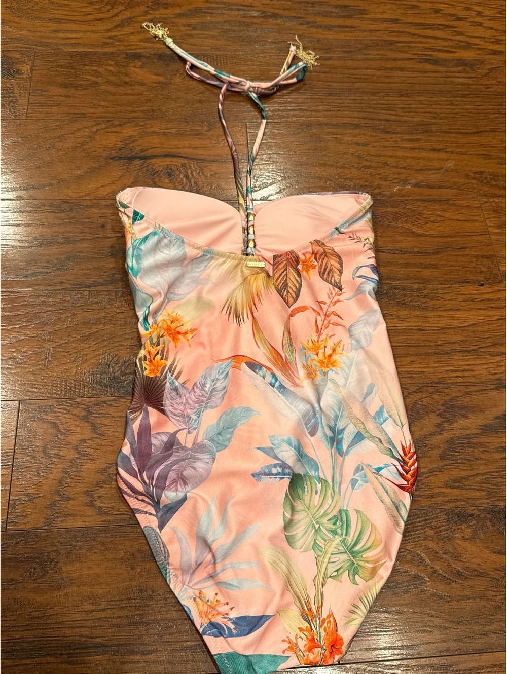 L'AGENCE Opus Halter One-Piece Swimsuit Pink Multi Colorful Palm Size M - Picture 8 of 8